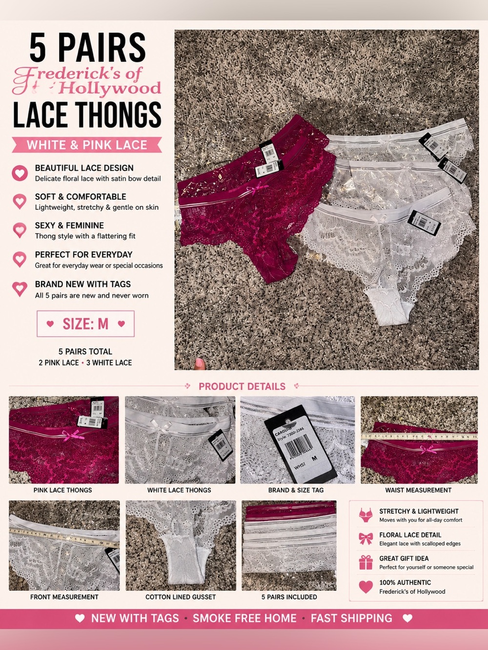 5 Pair Frederick’s of Hollywood Lace Thong Panty Bundle NWT Pink White Size M